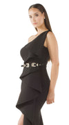 Ava Black Asymmetric Shoulder Thigh Split Maxi Dress