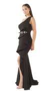 Ava Black Asymmetric Shoulder Thigh Split Maxi Dress