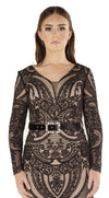 Sophia Black Lace Midi Dress with Belt Detail