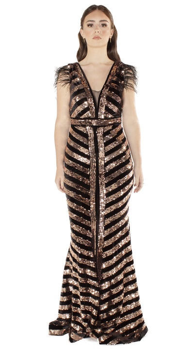 Ariana Black Gold Fitted Sequin Maxi Dress with Feather Details Front