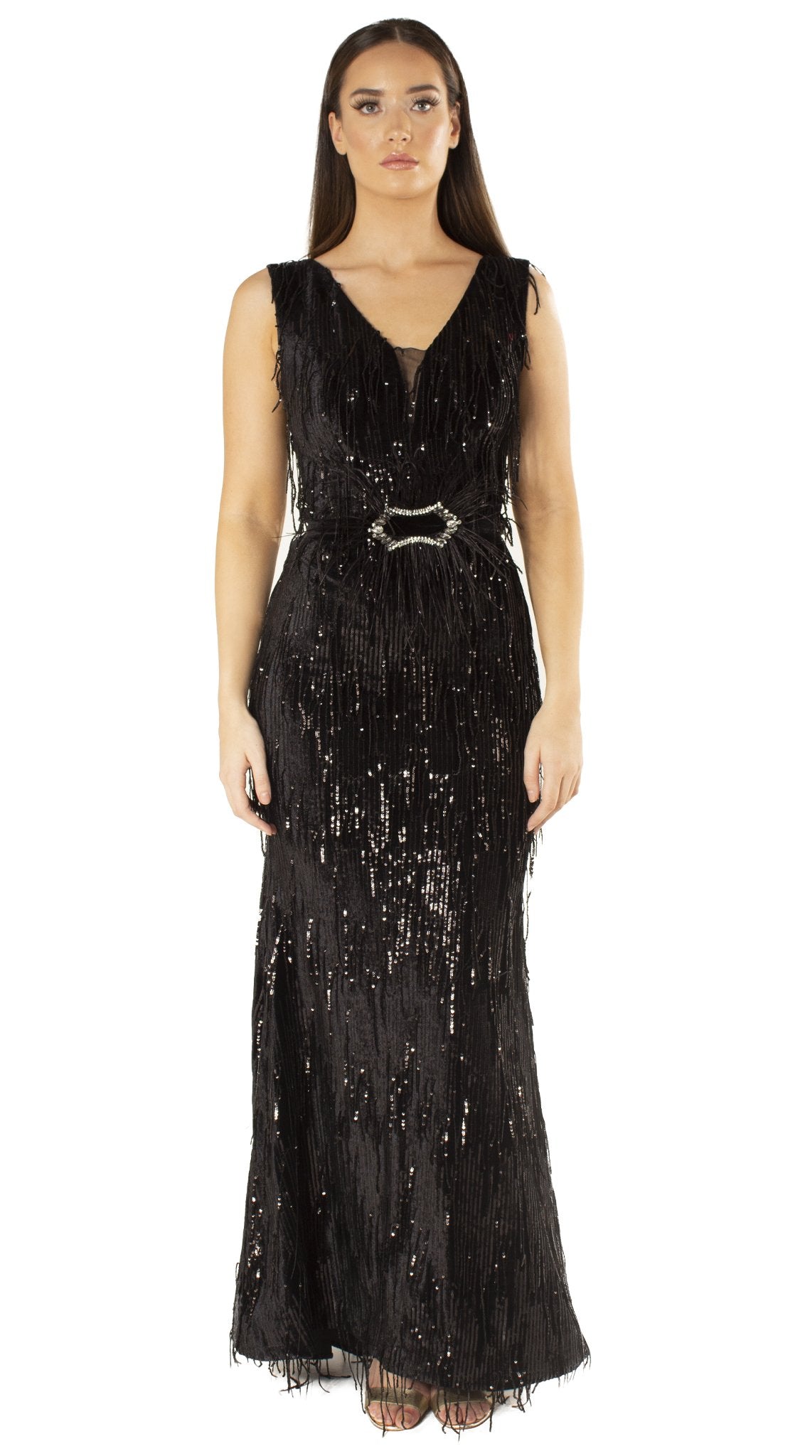 Black Sequin Fringe Belted Maxi Dress