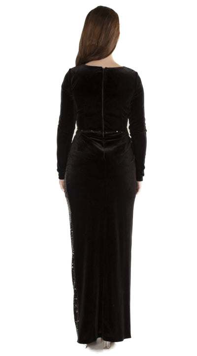 Destina Black Sequin Wrap Velvet Split Maxi Dress Back
