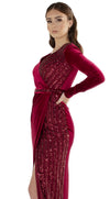 Emily Burgundy Sequin Wrap Velvet Split Maxi Dress Detail