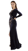 Alaere Navy Sequin Wrap Velvet Split Dress Side