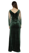 Taya Green Velvet with Lace and Feather Maxi Slit Dress Back