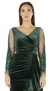 Taya Green Velvet with Lace and Feather Maxi Slit Dress Detail