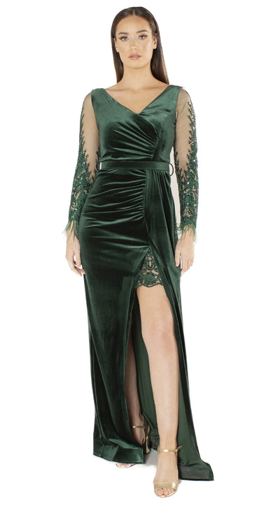 Taya Green Velvet with Lace and Feather Maxi Slit Dress Front