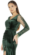 Taya Green Velvet with Lace and Feather Maxi Slit Dress Detail