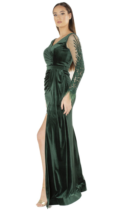 Taya Green Velvet with Lace and Feather Maxi Slit Dress Side