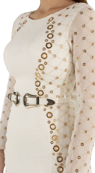 Camilla Long Sleeve White Belted Midaxi Dress Detail