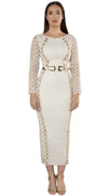 Camilla Long Sleeve White Belted Midaxi Dress Front