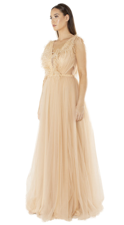 Evi Nude Feather and Mesh Maxi Dress Full