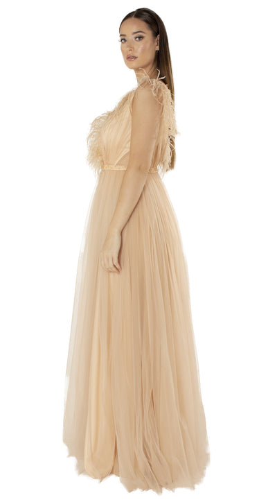 Evi Nude Feather and Mesh Maxi Dress Side