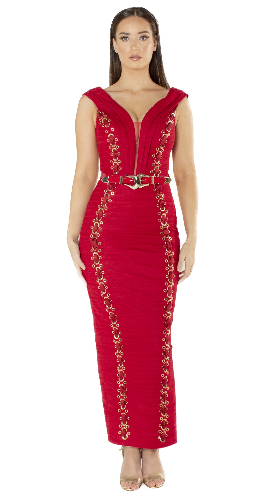 Red Fitted Midaxi Dress with Belt