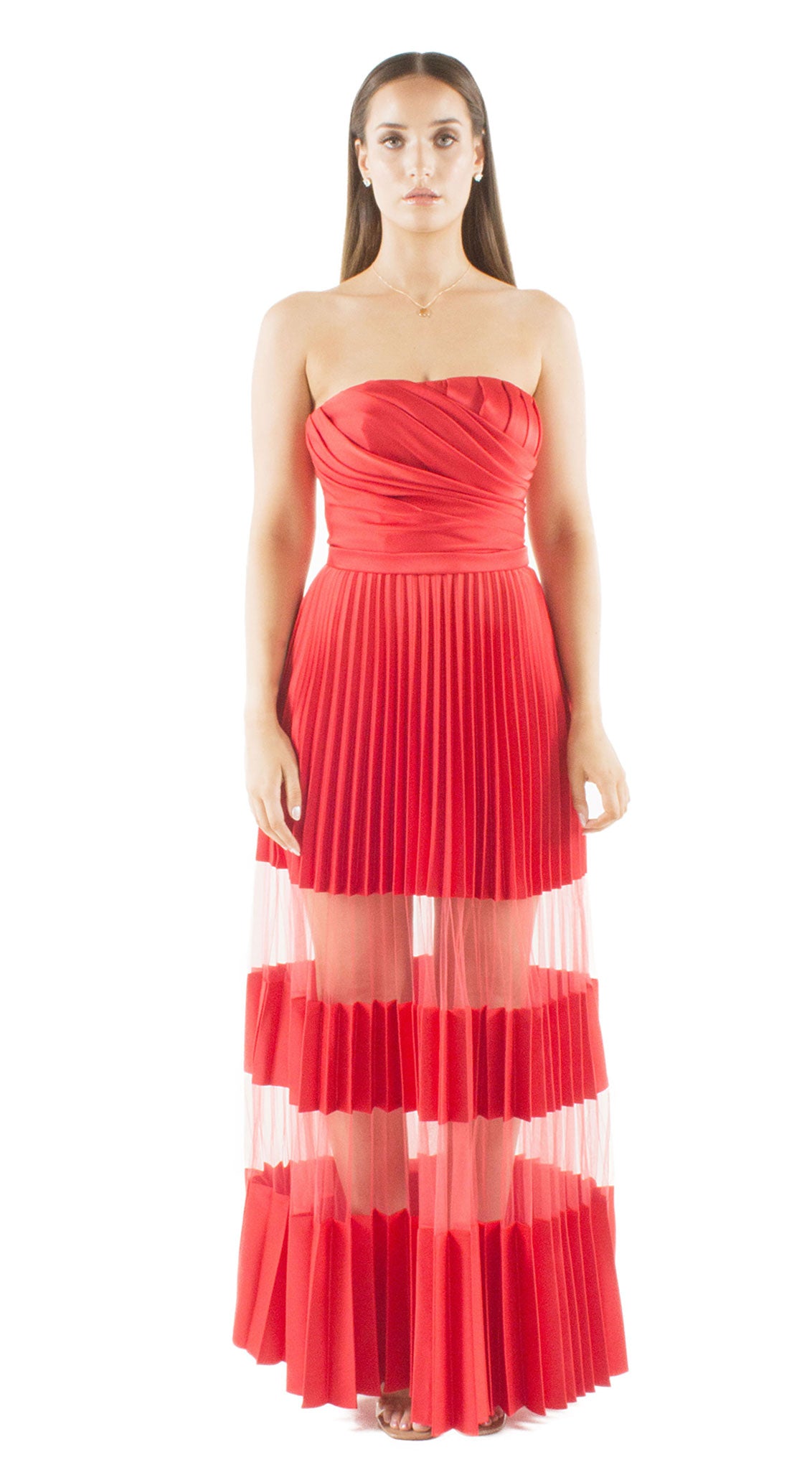 Red Pleated Bandeau Mesh Cut Out Maxi Dress