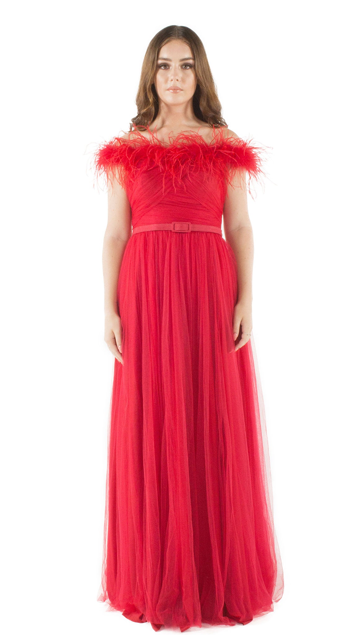 Red Feather Bardot Sleeve Chiffon Maxi Dress