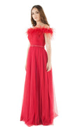 Sienna Red Feather Bardot Sleeve Pleated Maxi Dress