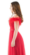 Sienna Red Feather Bardot Sleeve Pleated Maxi Dress