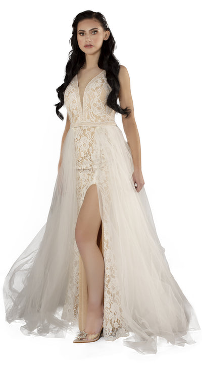 Naomi White and Nude Lace Dress with Detachable Tulle Skirt Front
