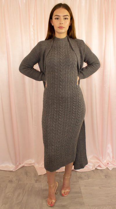 Cable Knit Longline Midaxi Dress with Matching Cardigan Two Piece Set