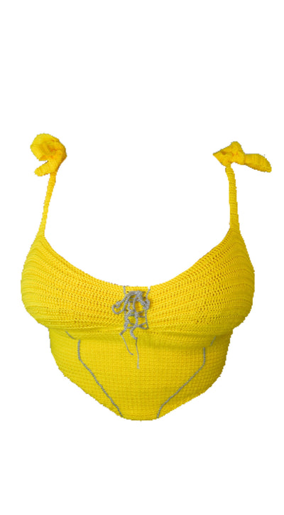 Handmade Canary Yellow Crochet Grey Piping Detail Bralet